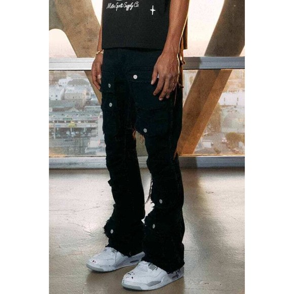 First Row Premium Men's Long Denim Cargo Flare Fringe Stack Jeans with Stylish - Picture 4 of 9